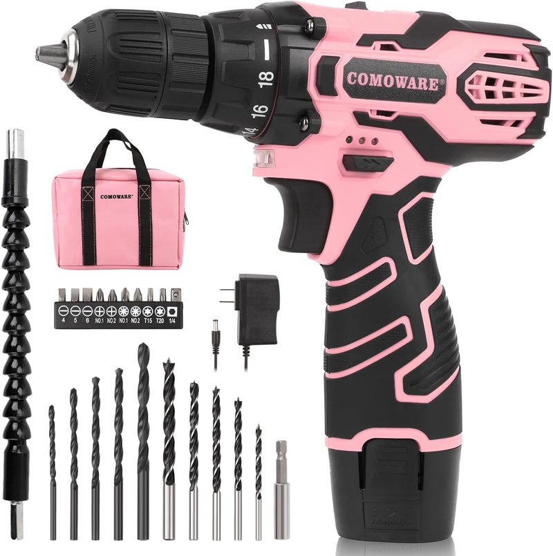 COMOWARE Pink Cordless Drill Set for Women, 12V Lightweight Electric Screwdriver with 3/8" Keyless Chuck, 1.5Ah Battery - Portable Power Drill Kit with Pink Tool Bag for Home DIY Projects - Image 1